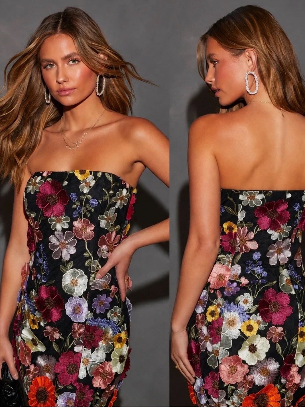 Endless Rose Black Strapless Floral Embroidered Mini Dress
